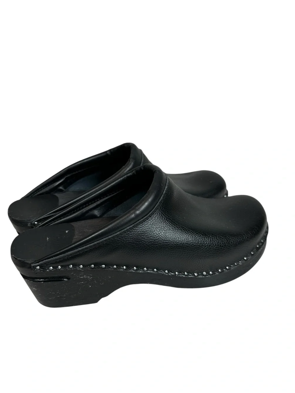 TROENTORP Swedish Women's 43 Black Smooth Leather Clogs with Silver Stud Detail